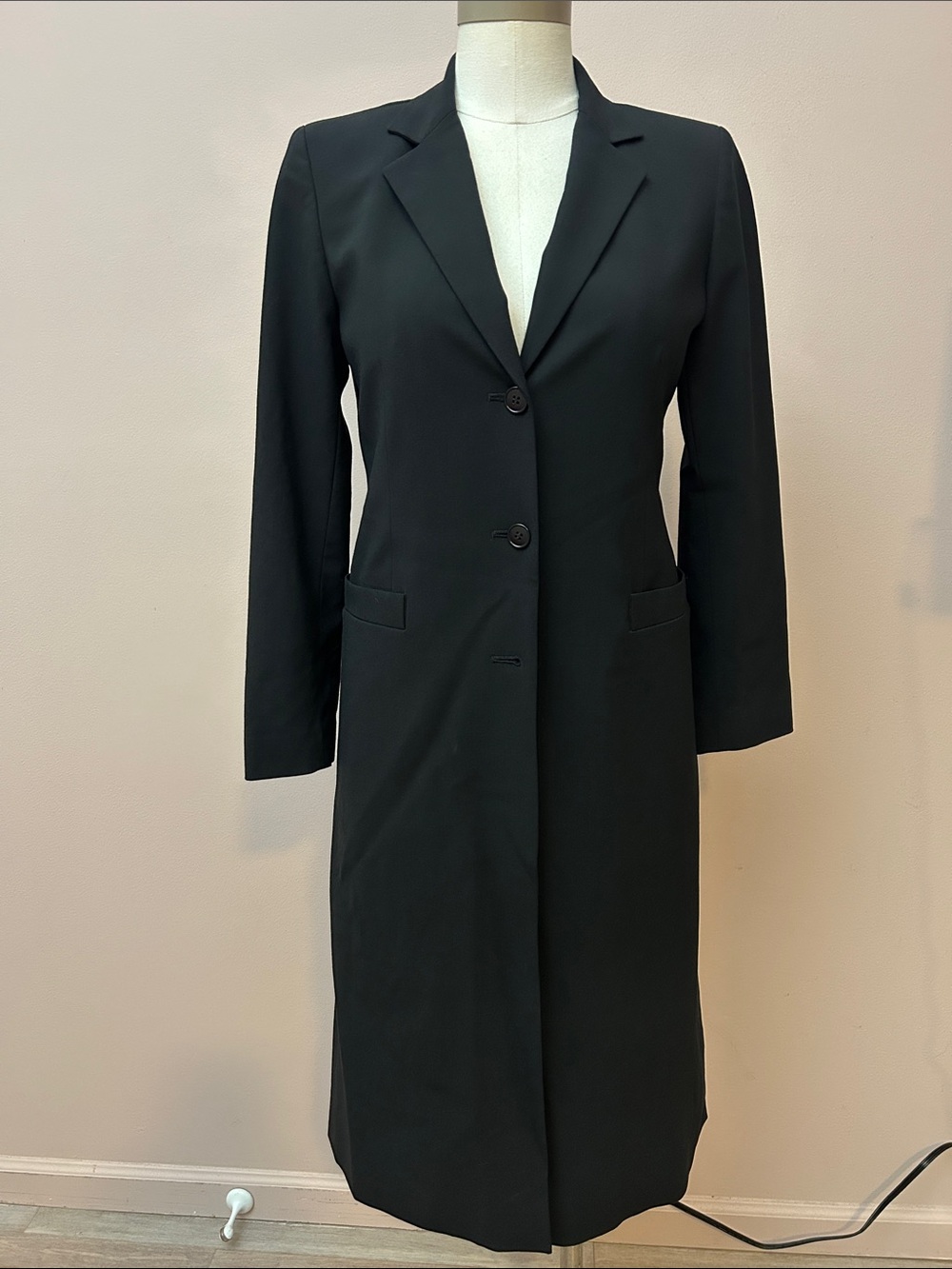 Y2K DKNY Black Long Single-Breasted Trench Coat wool blend fitting elegant sz 2